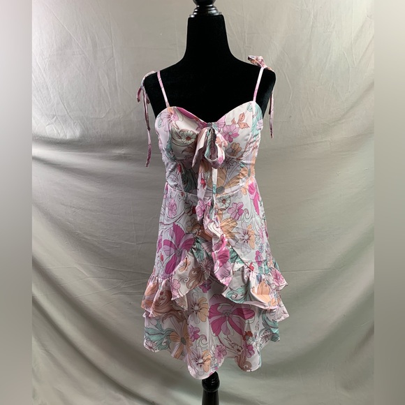 Boho Floral Print Tie Shoulder Ruffle Trim Cami Dress - Picture 6 of 9